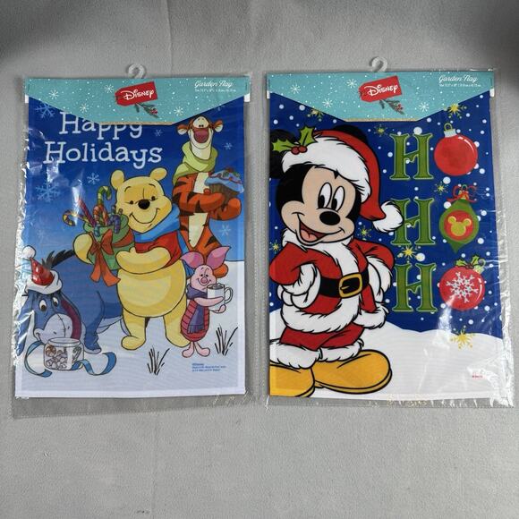Disney Christmas Garden Flags Lot of 2 Mickey Mouse & Winnie the Pooh New w/Tags - Picture 1 of 8